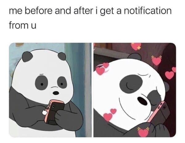 Panda from We Bare Bears phone notification reaction panels illustrating text inside a romantic wholesome relationship meme.