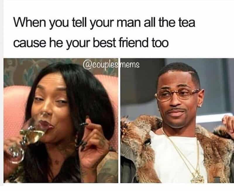 Jhené Aiko and Big Sean media photos documenting gossip dialogue text inside a supportive wholesome relationship meme.