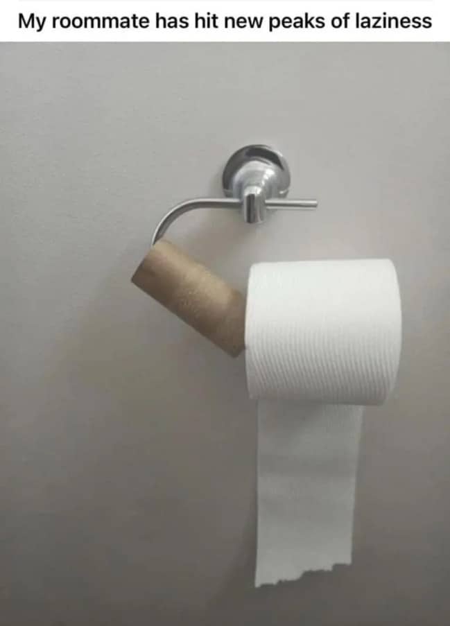 Toilet paper roll balancing awkwardly on top of an empty cardboard roll on a dispenser.