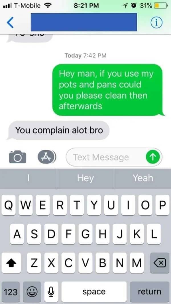 Text conversation where a polite request to clean shared pots results in a dismissive reply.