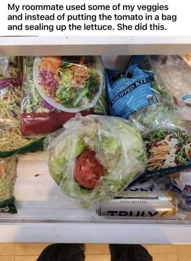 Refrigerator shelf showing a slice of tomato stuffed directly inside an unsealed bag of lettuce.