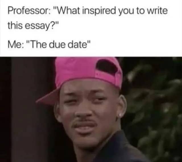 Funny school meme featuring a confused Will Smith reacting to an essay inspiration question.