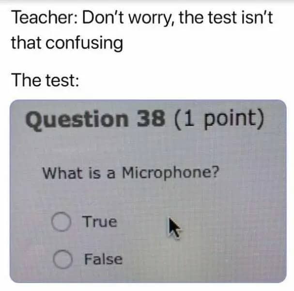 Funny test meme showing a completely confusing true or false multiple choice question.