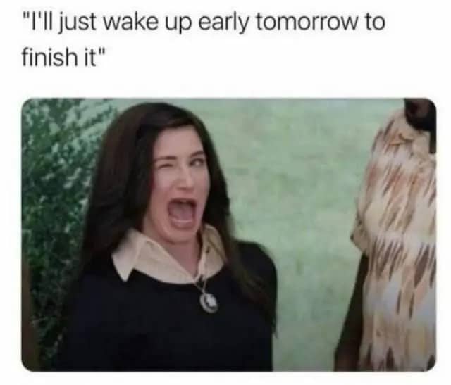 Funny school meme featuring Agatha Harkness winking sarcastically about waking up early.