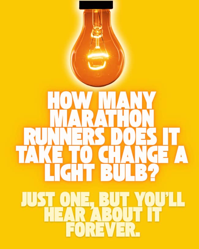 Glowing bulb icon above a punchline about marathon runners changing a lightbulb.