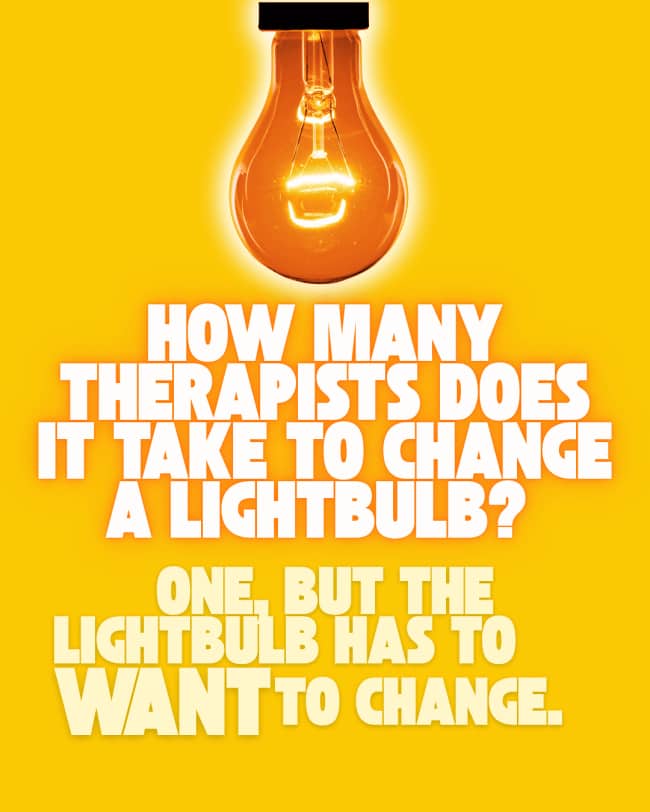: Incandescent lightbulb over text featuring a classic joke about therapists changing a lightbulb.