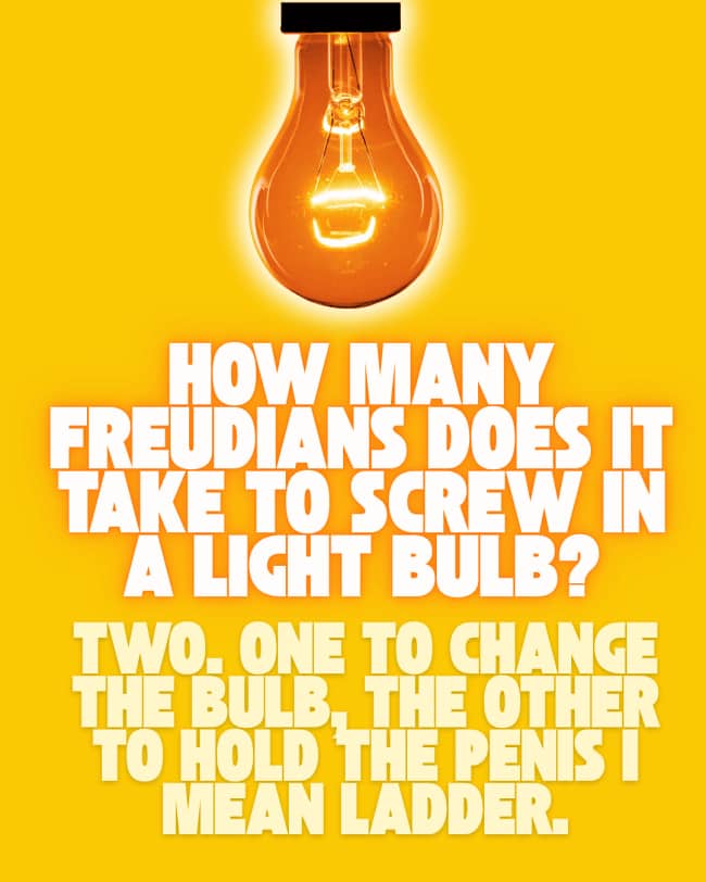 Lit lightbulb graphic with a Freudian slip joke about holding a ladder.