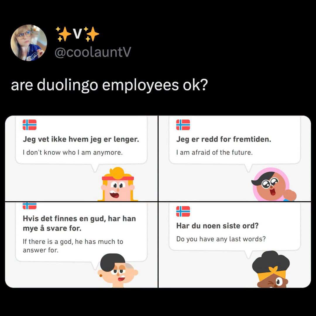 Compilation of depressing Norwegian Duolingo translation exercises asking if employees are doing okay.