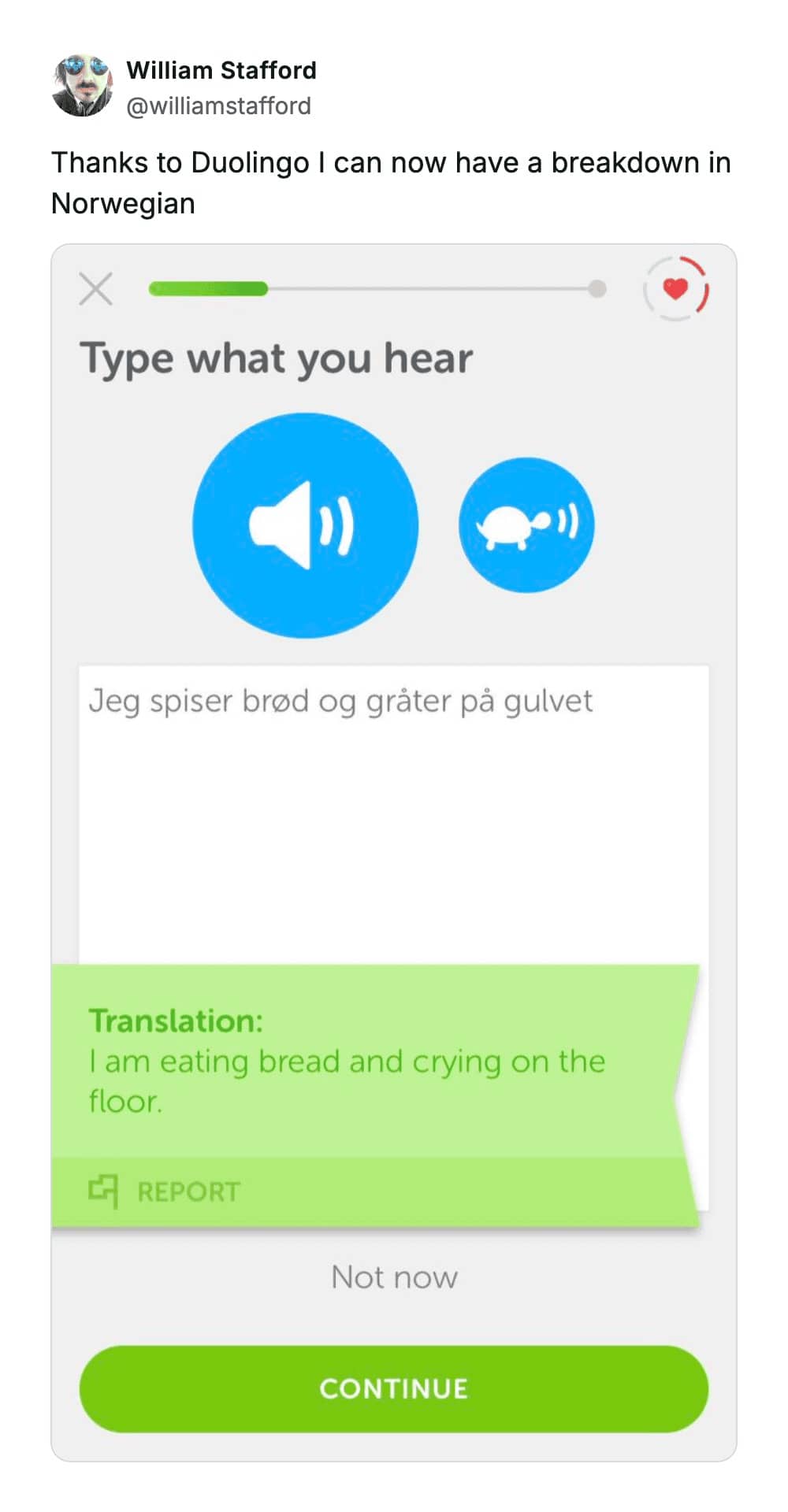 Duolingo screenshot showing a translation about eating bread and crying on the floor.
