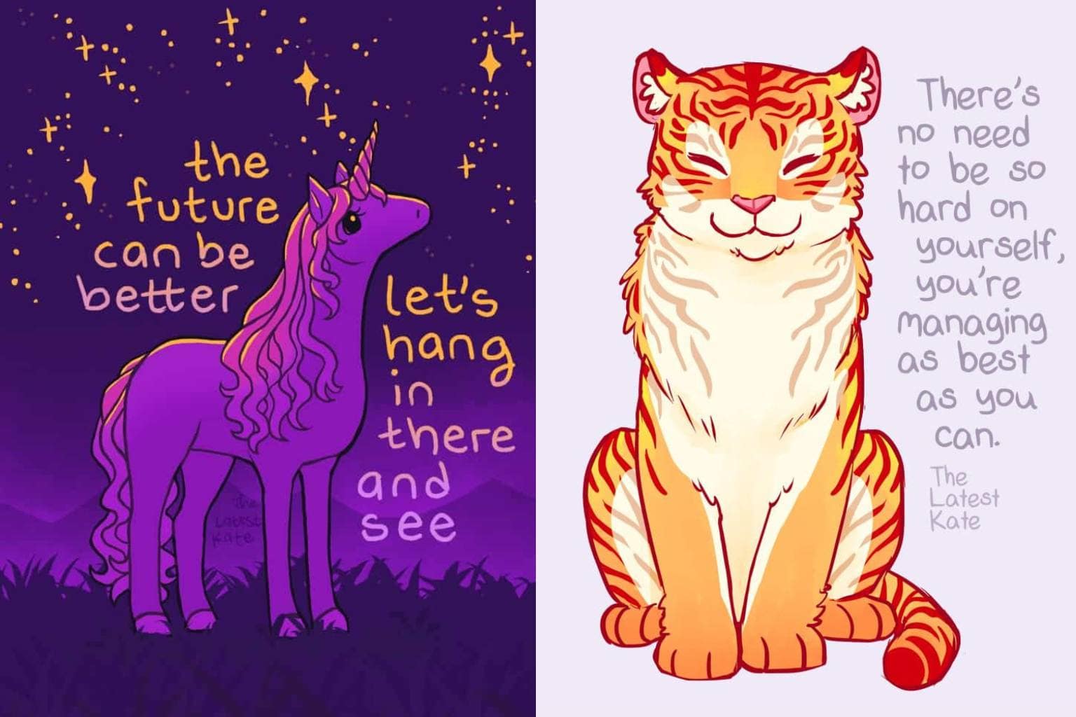 An expansive presentation showcasing a single panel comics anthology from the latest kate comics filled with validating mental health themes, pastel aesthetics, and whimsical animal art; featuring an orange gecko climbing a bright sunflower, a marshmallow cat floating inside a cozy mug of hot cocoa, and two joyful river otters sliding down a snowy hill.