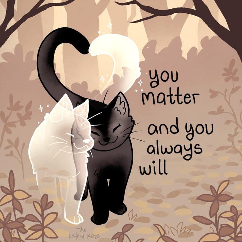 An emotional single panel comic by the latest kate comics showing a fluffy black cat walking through an autumn forest next to a glowing, translucent white spirit cat, their tails curving up together to form a perfect heart shape under the text: "you matter and you always will."