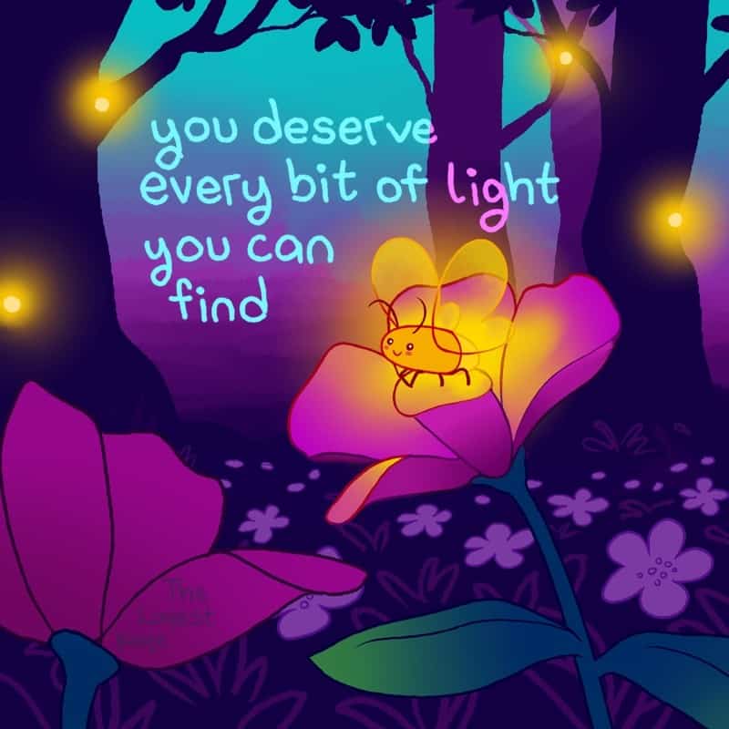 A beautiful night-themed single panel comic by the latest kate comics depicting a small, cheerful glowing firefly sitting inside a large magenta flower cup under the starry sky, with handwritten words stating: "you deserve every bit of light you can find".