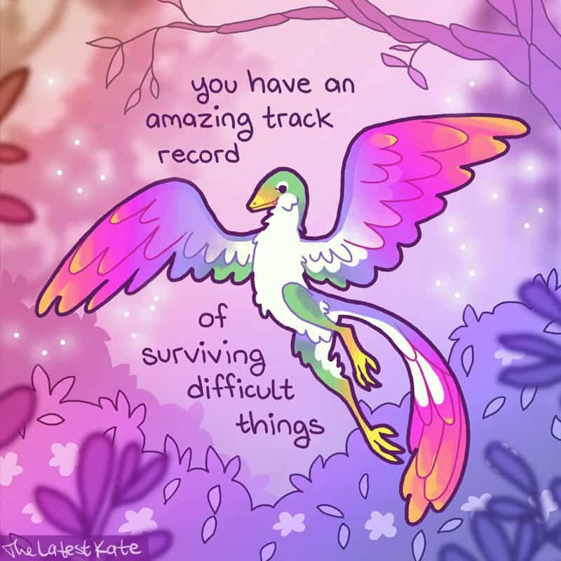 A colorful single panel comic by the latest kate comics tracking a majestic, multi-colored bird with vibrant neon pink, purple, and green wings soaring gracefully across a magical purple-toned forest setting, featuring the text: "you have an amazing track record of surviving difficult things."