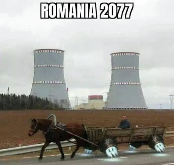 Meme labeled Romania 2077 showing a horse pulling a cart equipped with glowing rocket thrusters.
