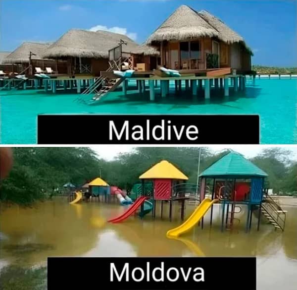 Split image contrasting a luxury Maldives overwater resort against a completely flooded colorful kids playground.