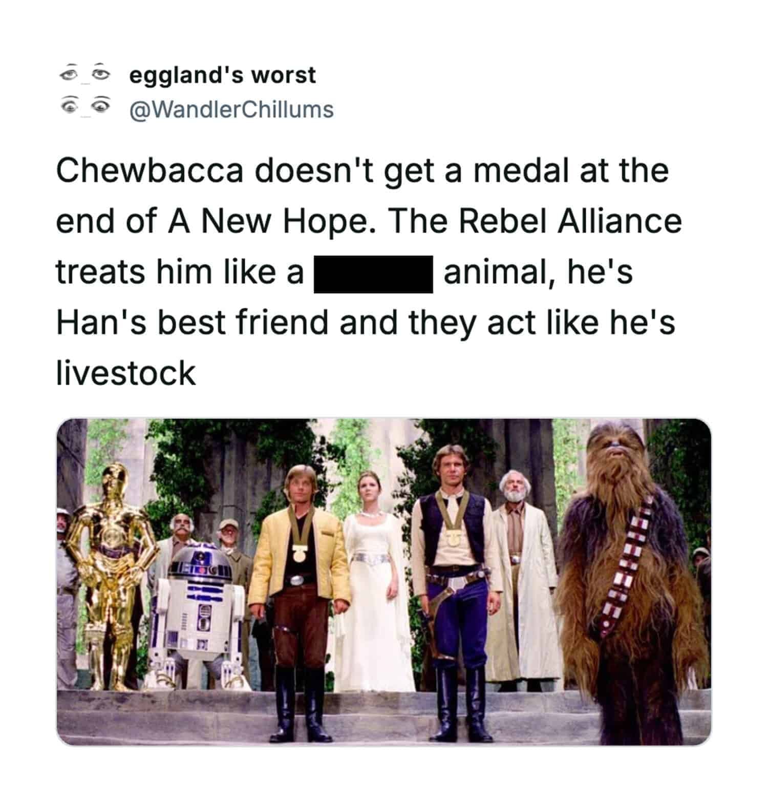 Social media post criticising the Rebel Alliance for giving Luke and Han medals but entirely ignoring Chewbacca.
