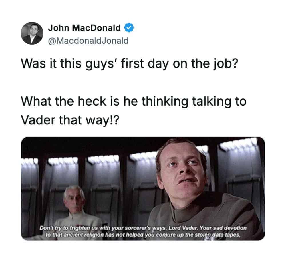Meme questioning Admiral Motti's terrible life choice to openly insult Darth Vader during a meeting.