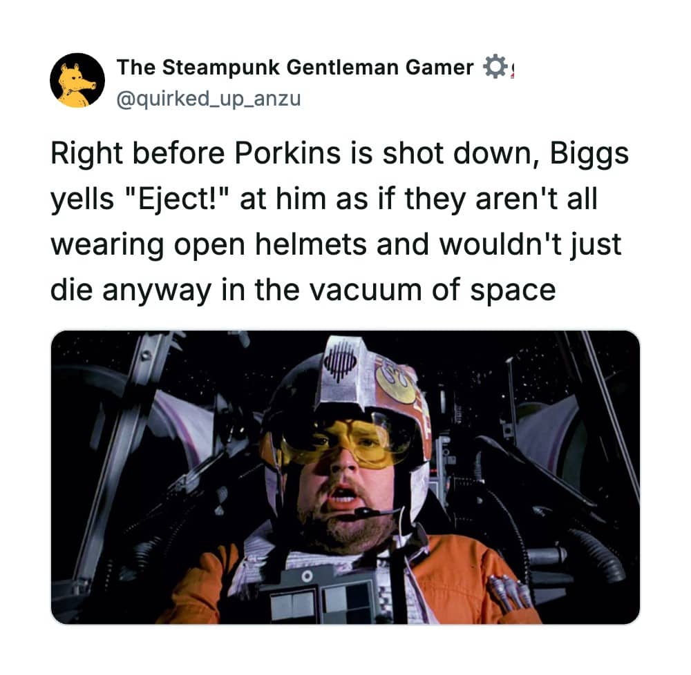 Post pointing out the logical absurdity of a pilot yelling eject to Porkins in open-faced helmets.