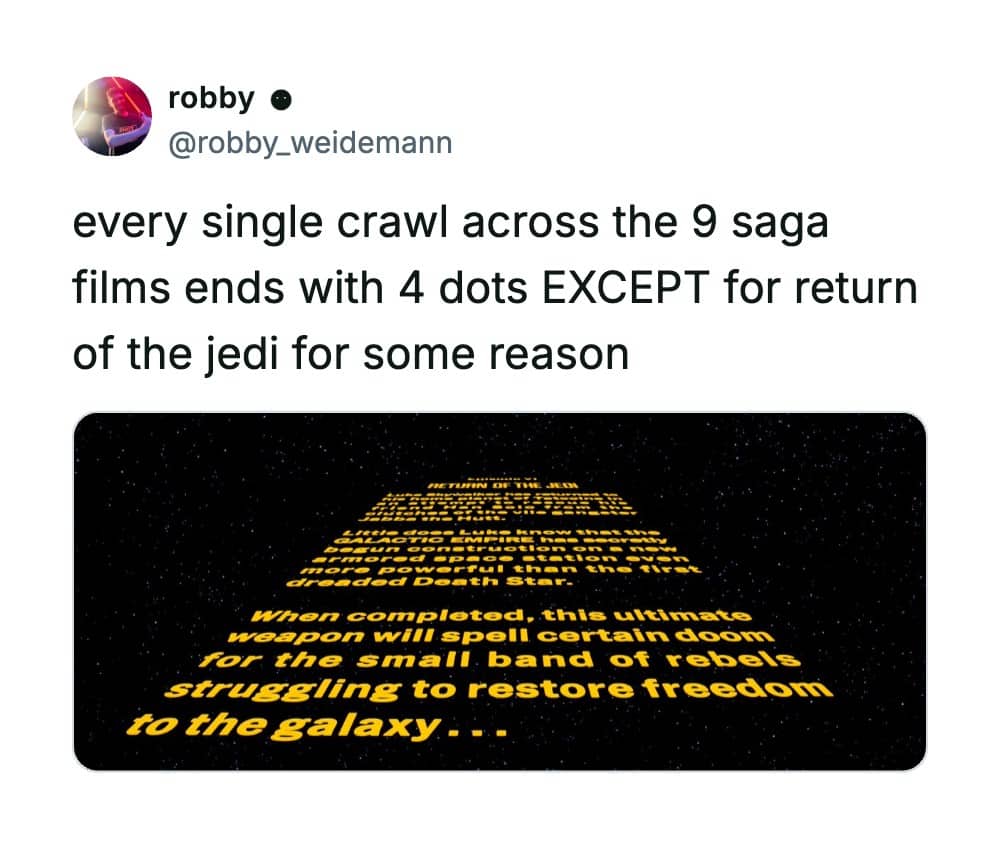 Close-up of the Return of the Jedi opening crawl showcasing its unique three-dot punctuation ending
