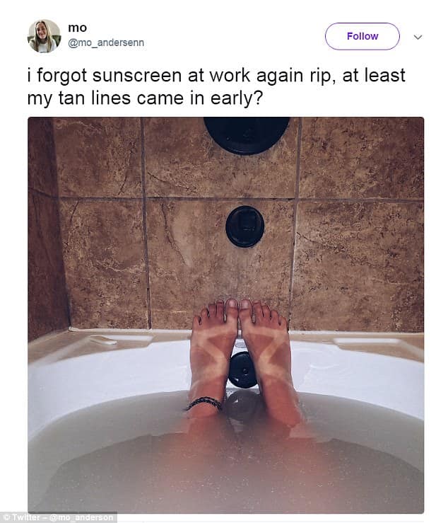 Twitter post layout showing a first-person view of legs in a bathtub revealing severe, sharp zigzag sandal strap line marks in a sunburn meme.