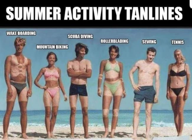 A retro beach chart infographic titled "SUMMER ACTIVITY TANLINES" mapping out six funny, exaggerated tan line variations based on sports, displayed as a sunburn meme.
