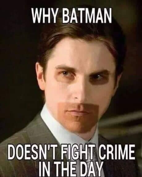 Photoshopped cinematic close-up of Bruce Wayne played by Christian Bale showing a severe, mask-shaped cowl tan line around his mouth and eyes in a clever sunburn meme.