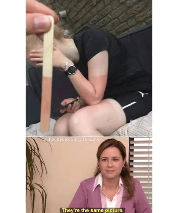 Two-panel image layout comparing a two-toned wooden popsicle stick directly against a person's sharp arm tan line, paired with Pam from The Office in a sunburn meme.