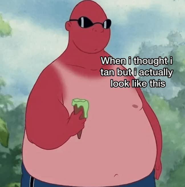 The iconic sunburned tourist character from Disney's Lilo & Stitch holding an ice cream cone under self-deprecating tan expectation text in a sunburn meme.