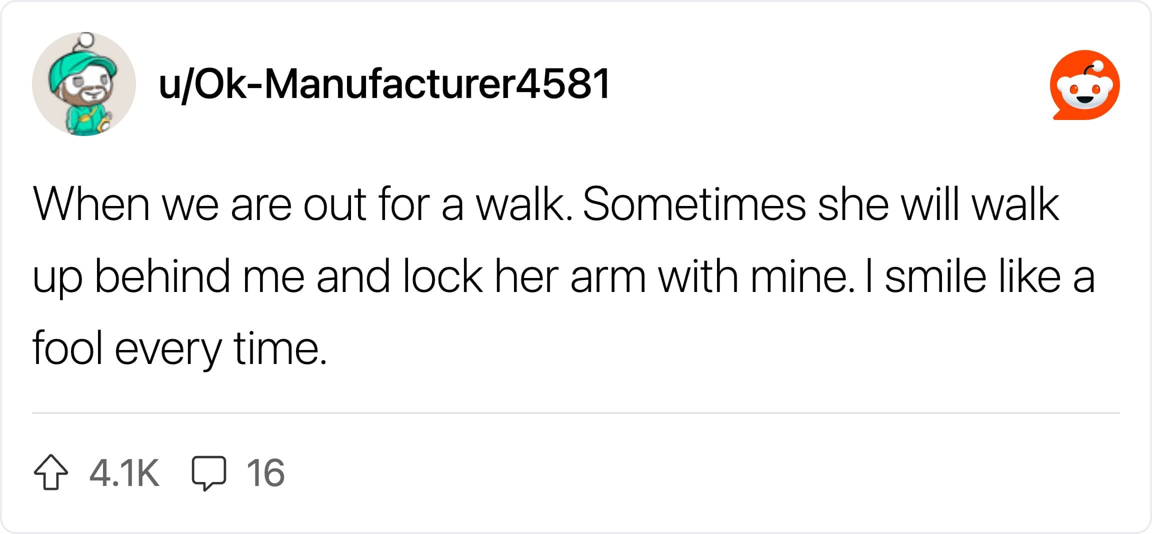 A Reddit screenshot about a wife locking her arm with her husband's during walks.