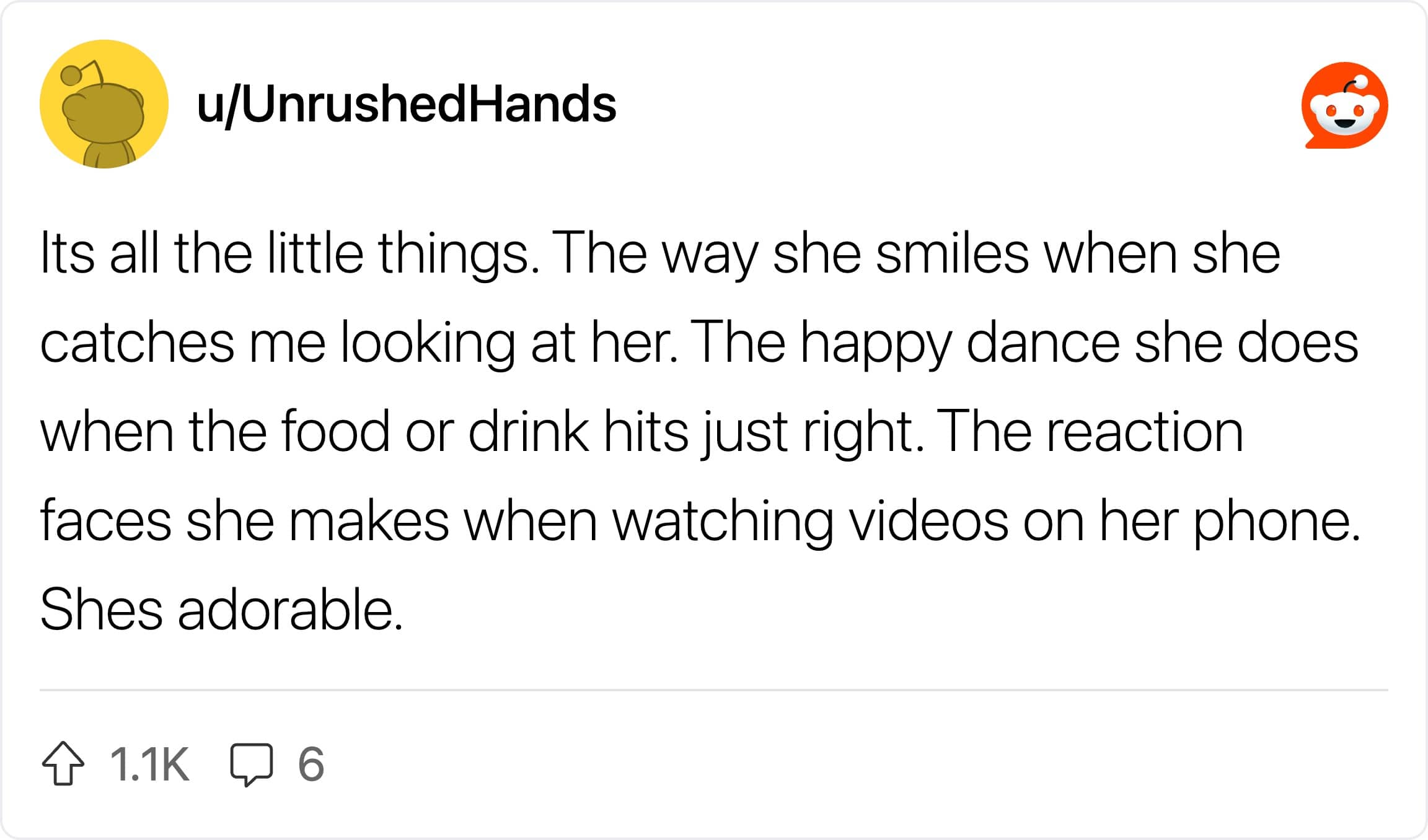 A Reddit post capturing little details like food happy dances and phone reaction faces.