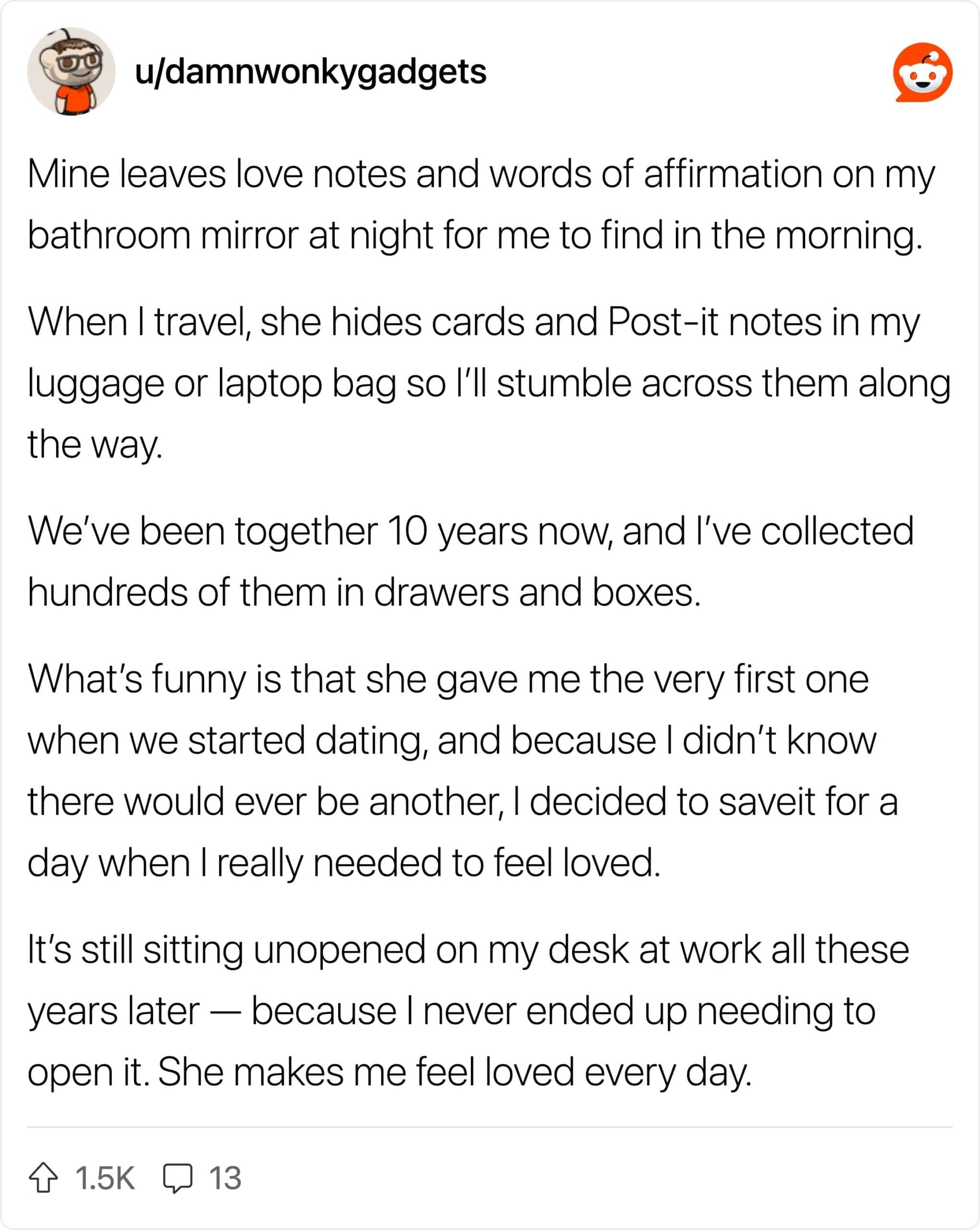 A heartwarming Reddit post about a wife who hides love notes in luggage for ten years.