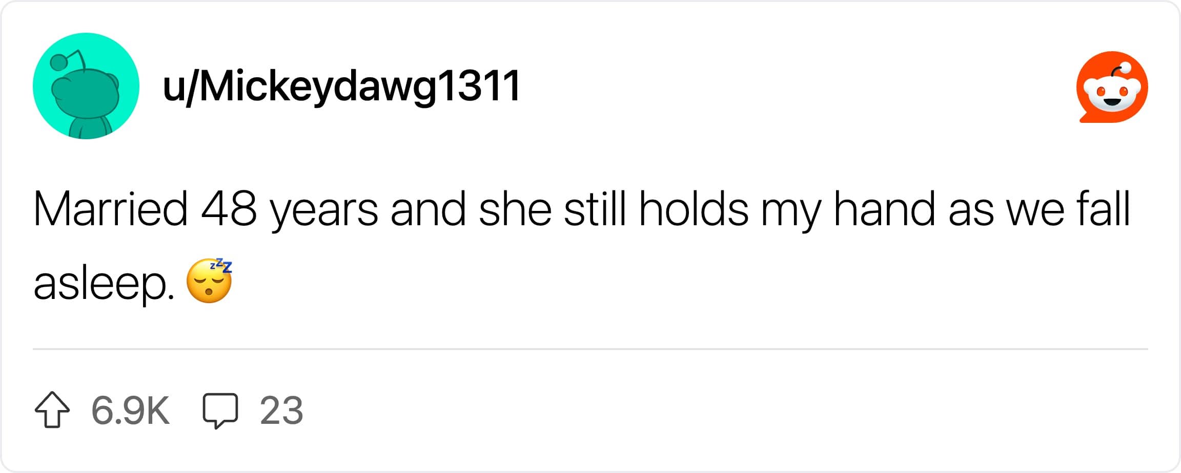 A Reddit comment about a couple married 48 years who still hold hands while falling asleep.