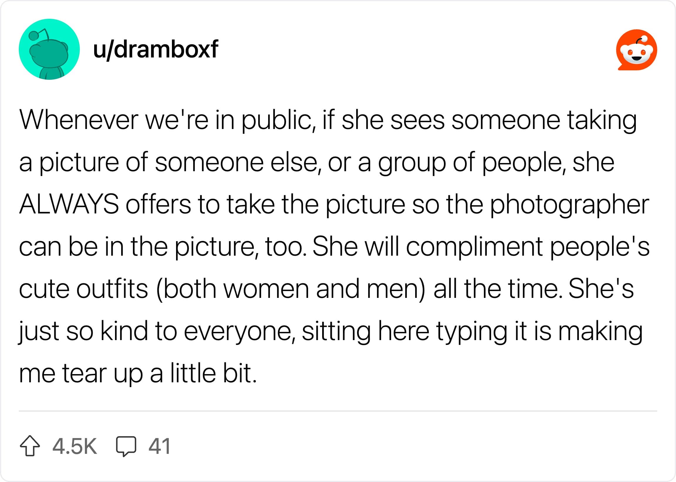A Reddit post praising a kind wife who always offers to take group photos for strangers.