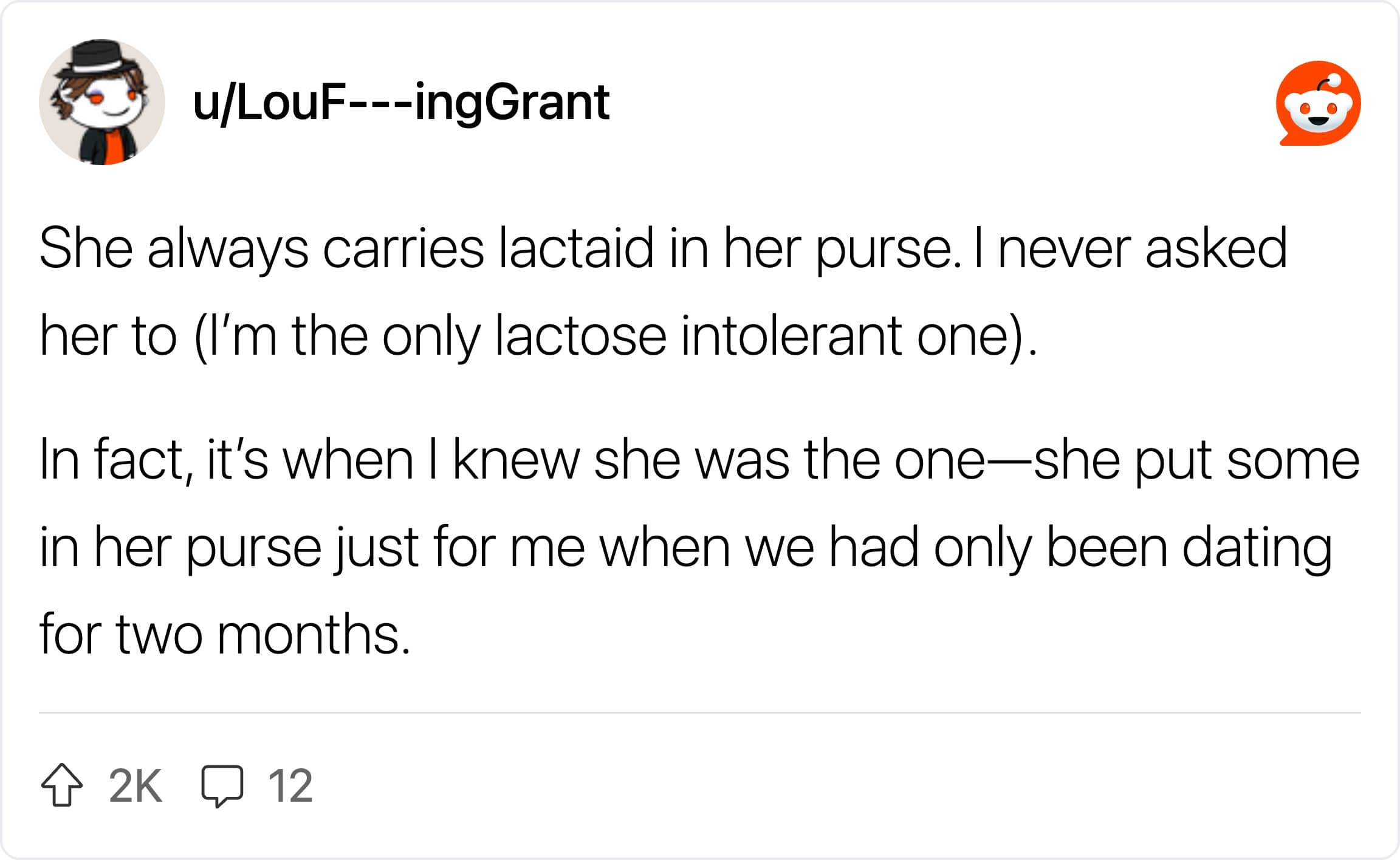 A Reddit post describing a wife who kept dairy medicine in her purse while dating.
