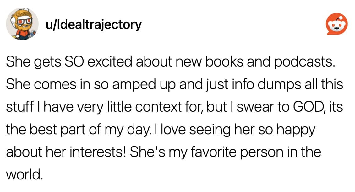A screenshot of a husband loving his wife's intense podcast and book info-dumps.