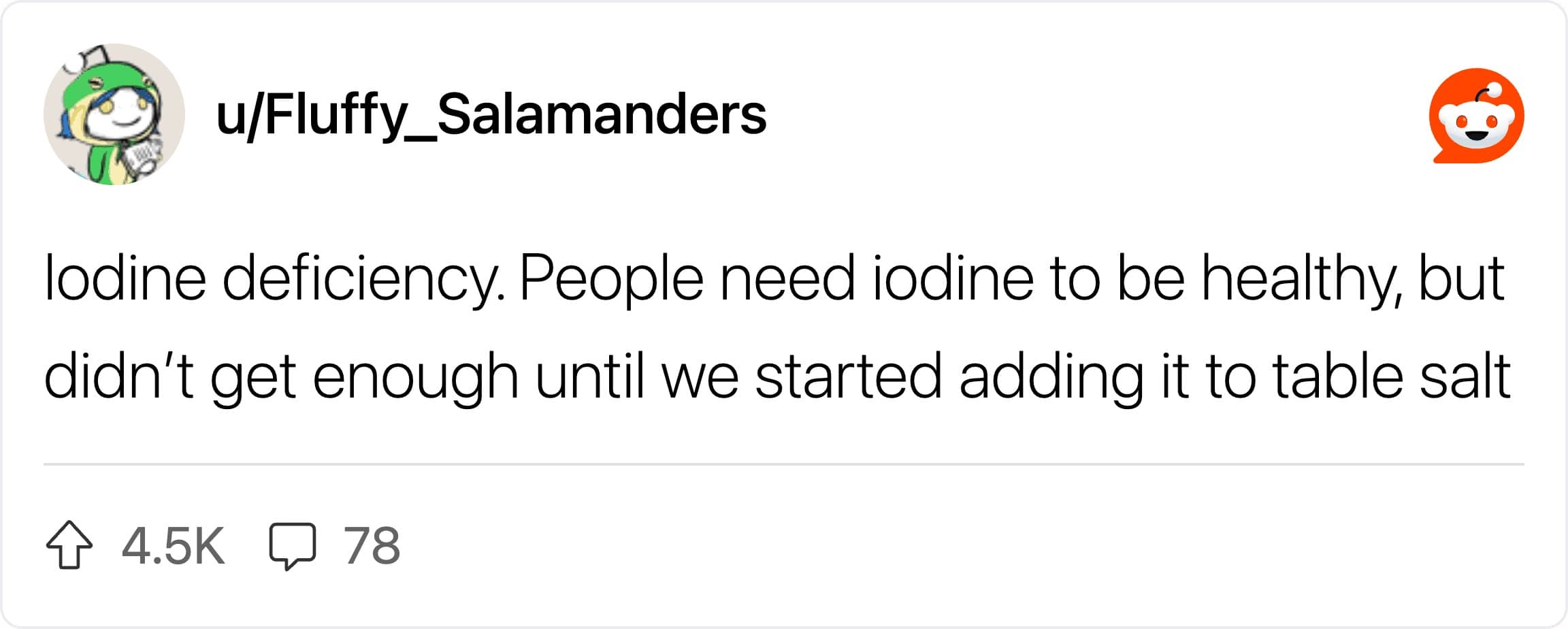 A text post on Reddit explaining the historical eradication of iodine deficiency with table salt.