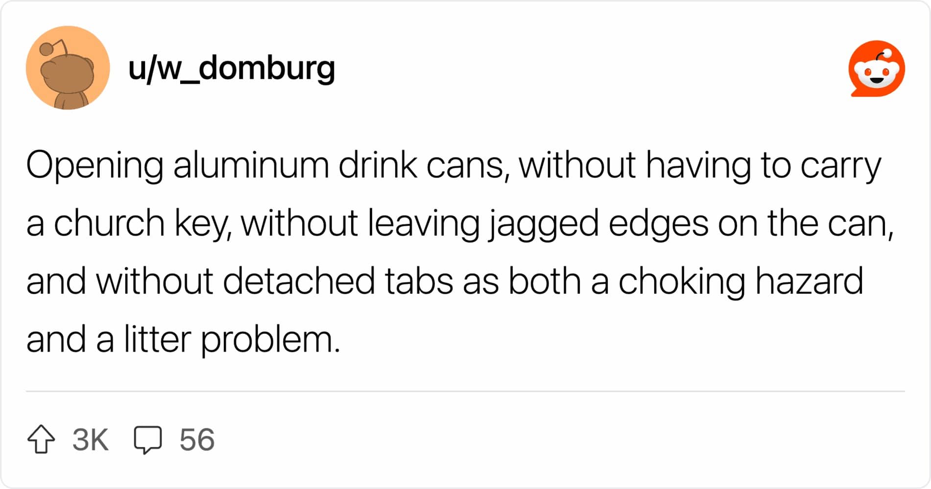 A detailed Reddit post about the massive technological evolution of opening aluminum beverage cans.