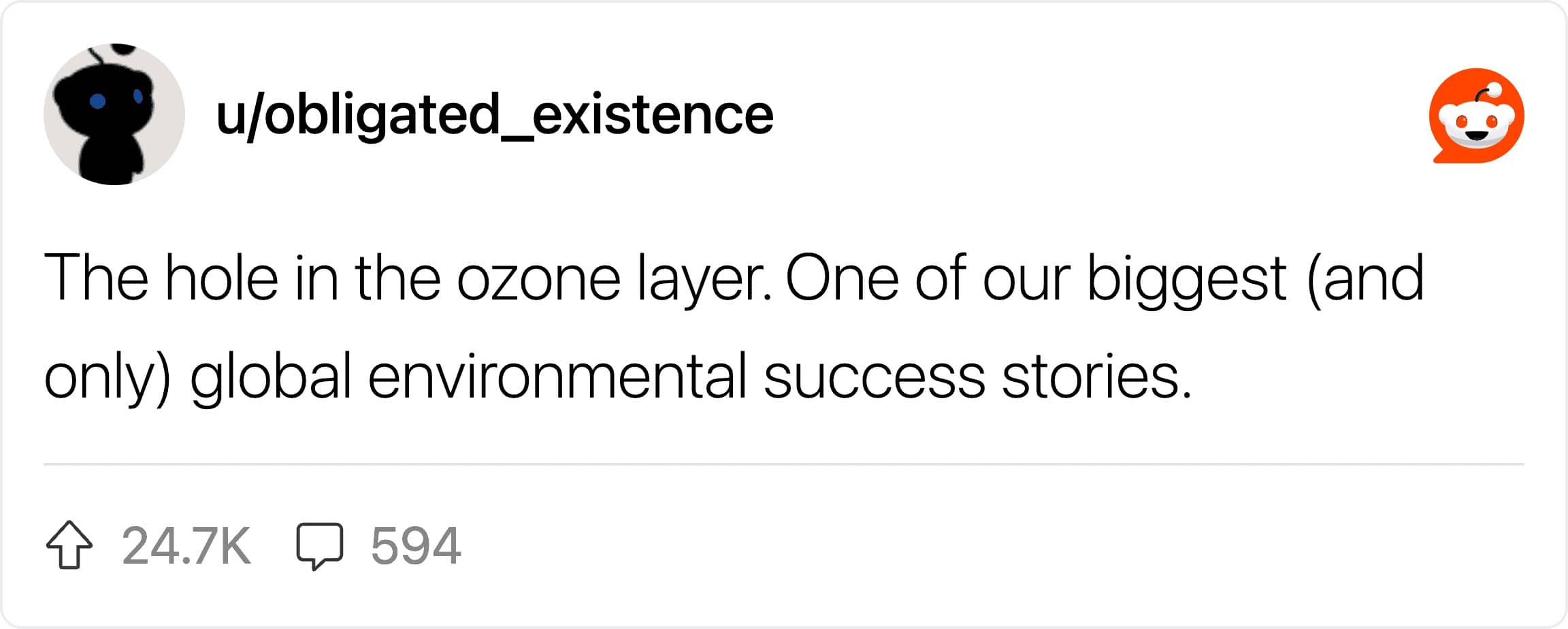 A high-upvoted Reddit screenshot celebrating the successful healing of the ozone layer hole.