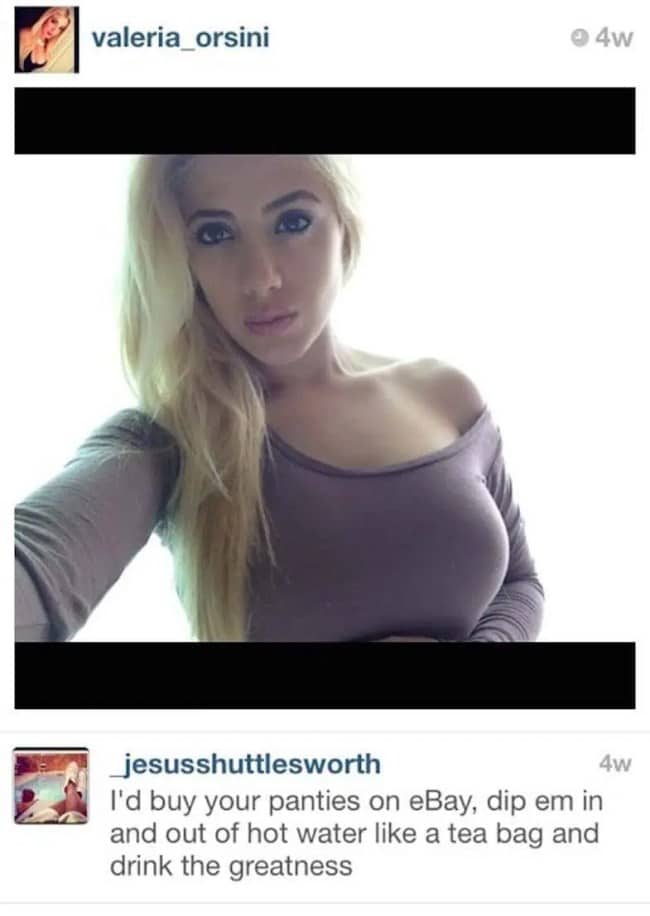 Valeria Orsini posing in a purple top with an absurdly poetic comment about buying underwear.
