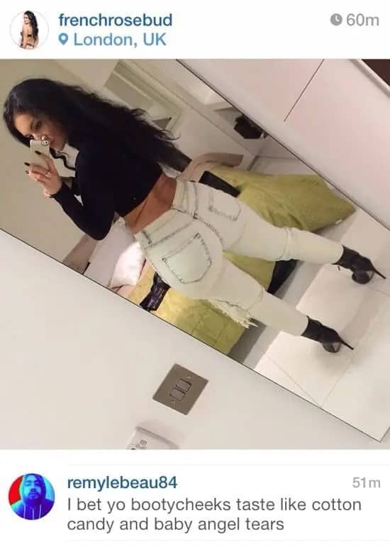 Frenchrosebud taking a high-angle mirror selfie with a comment about baby angel tears.