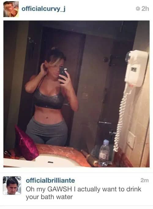 Officialcurvy_j bathroom mirror selfie with an infamous comment expressing a desire to drink bath water.