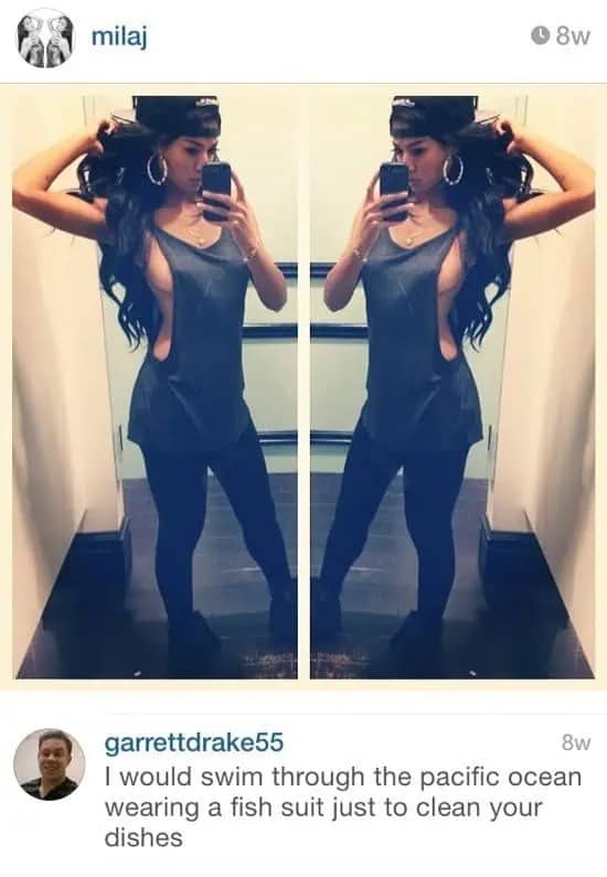 Milaj mirror selfie split image with a comment about swimming the Pacific in a fish suit.