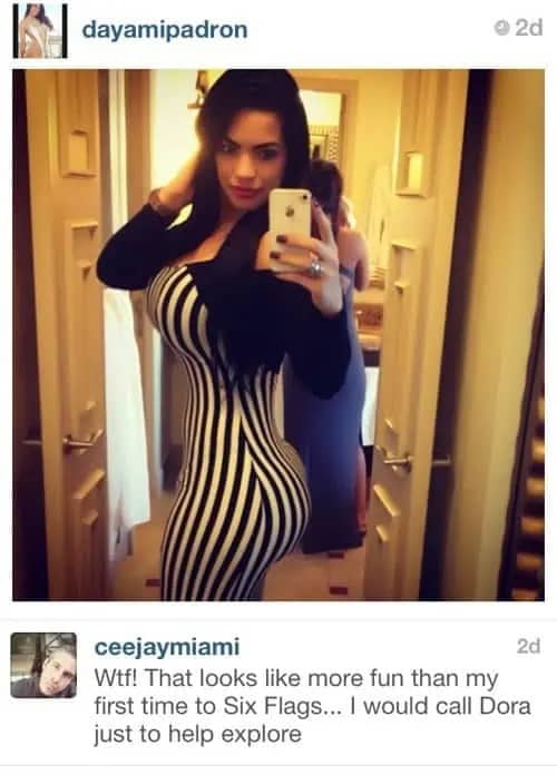 Dayamipadron in a striped dress with a comment comparing her curves to Six Flags.