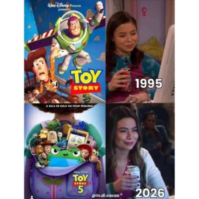 A multi-panel meme comparing Toy Story releases from 1995 to 2026 alongside a matching reaction template.