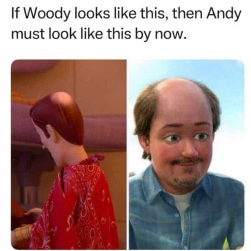 A funny side-by-side edit showing Woody with a bald spot and an older, balding Andy character model.