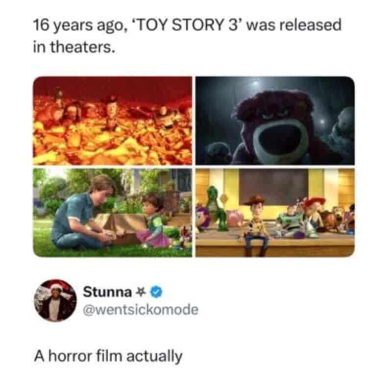 A social media post screenshot declaring Toy Story 3 to be a secret horror film.
