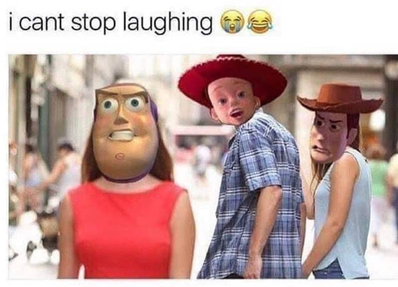 A distracted boyfriend meme template with edited faces of Buzz, Jessie, and Woody.