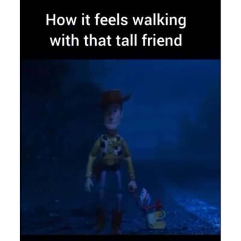 A low-resolution meme showing a tall Woody walking beside a tiny Forky character model in the dark.