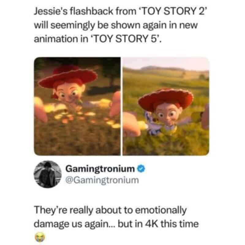 A social media headline preview stating Jessie's tragic backstory flashback will return in Toy Story 5.