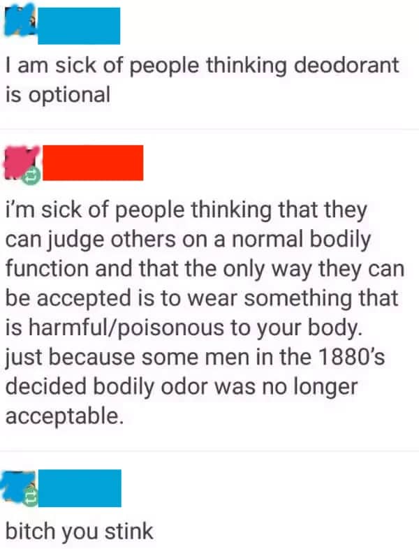 Social media thread debating deodorant usage ending with a blunt three-word insult about odor.